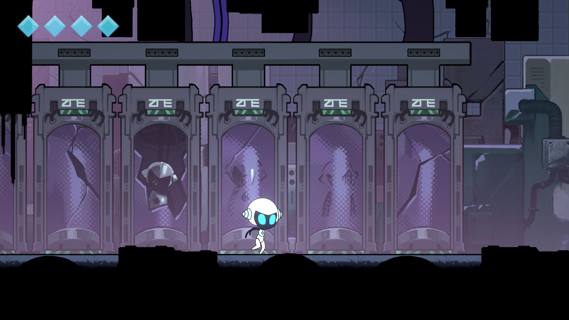 The player character walking past cracked containment pods in a laboratory