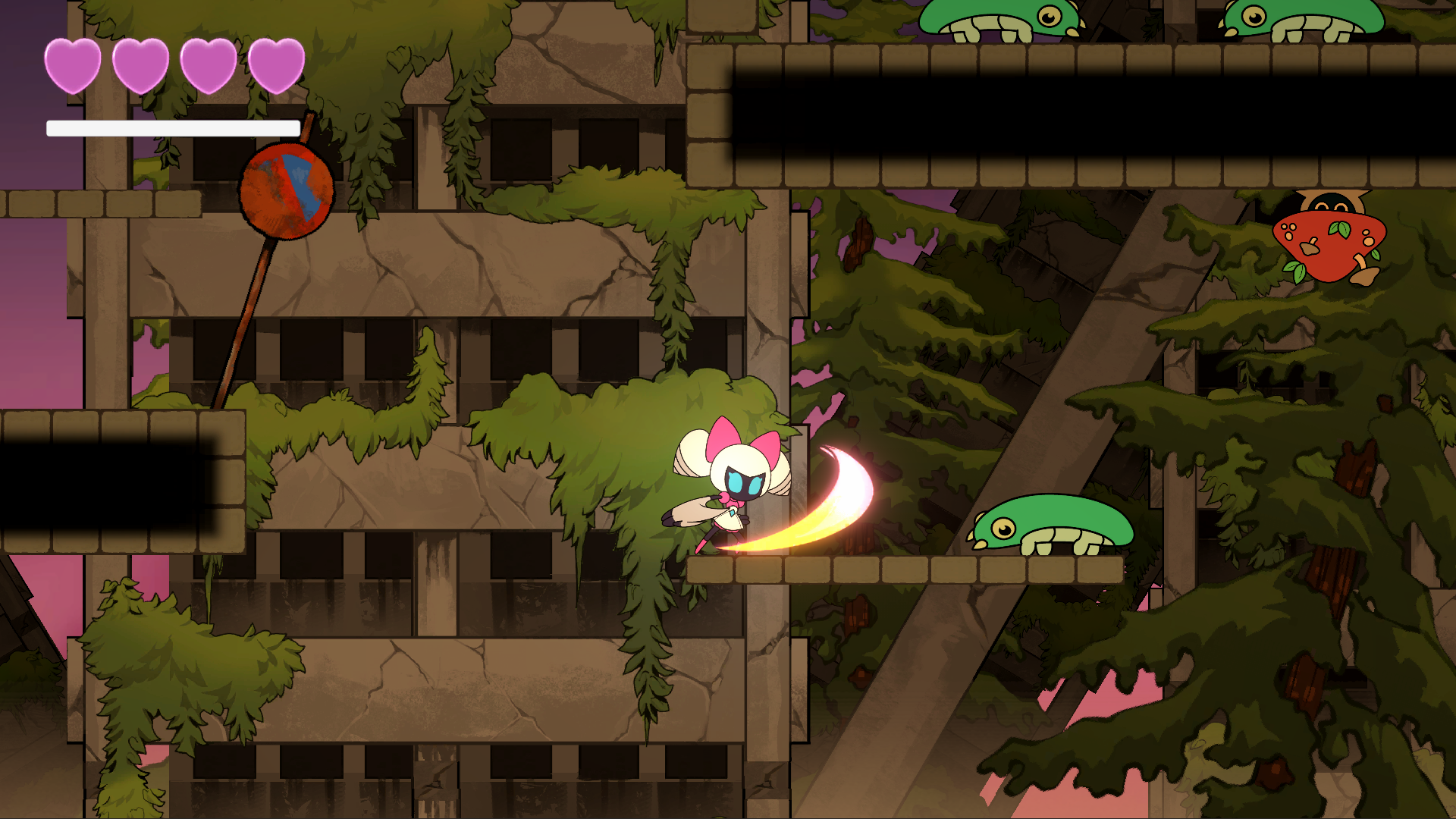 The magical girl robot slashing at a green caterpillar enemy among overgrown ruins