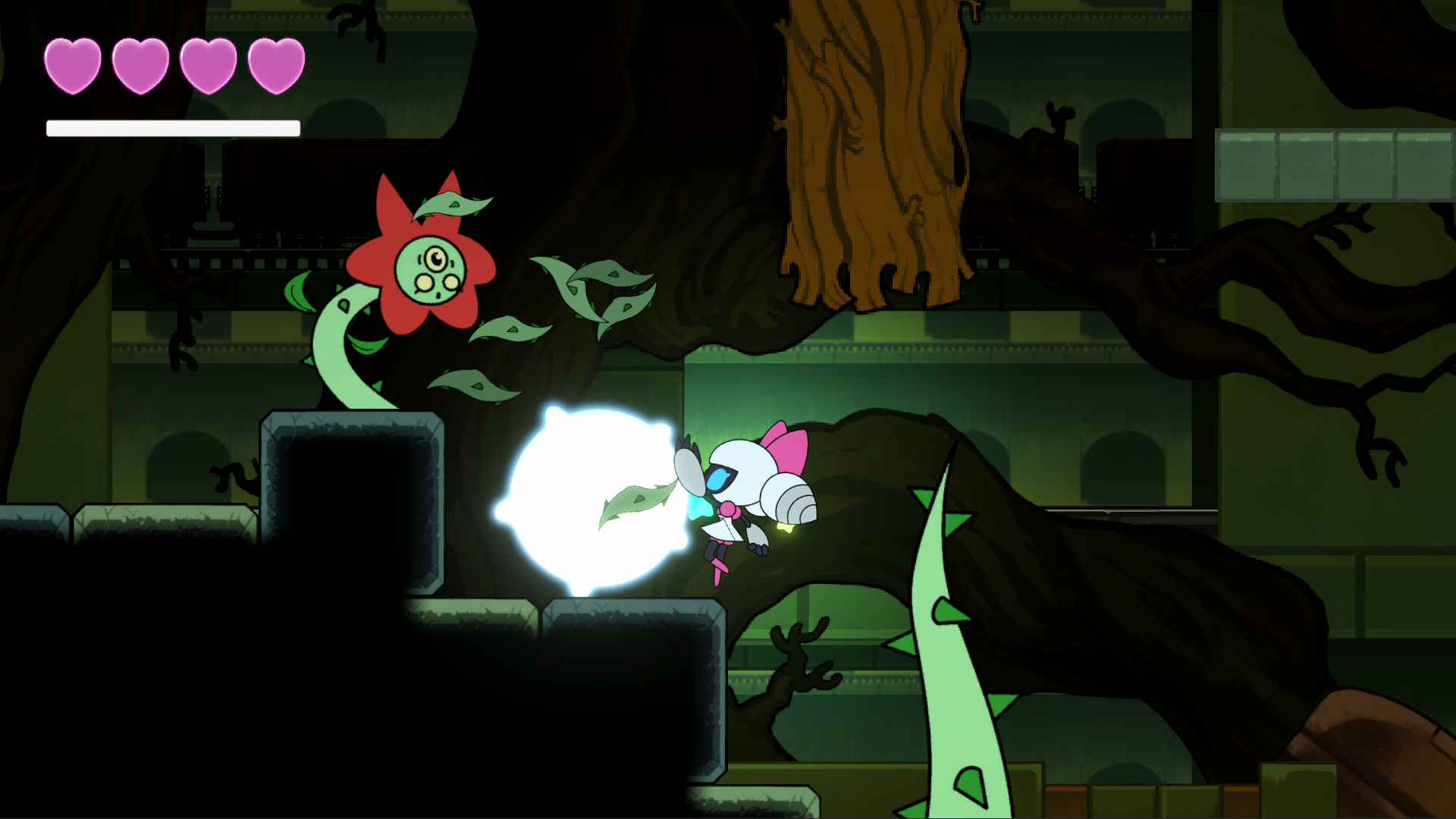 The player firing a blast at a plant enemy among dark tree branches