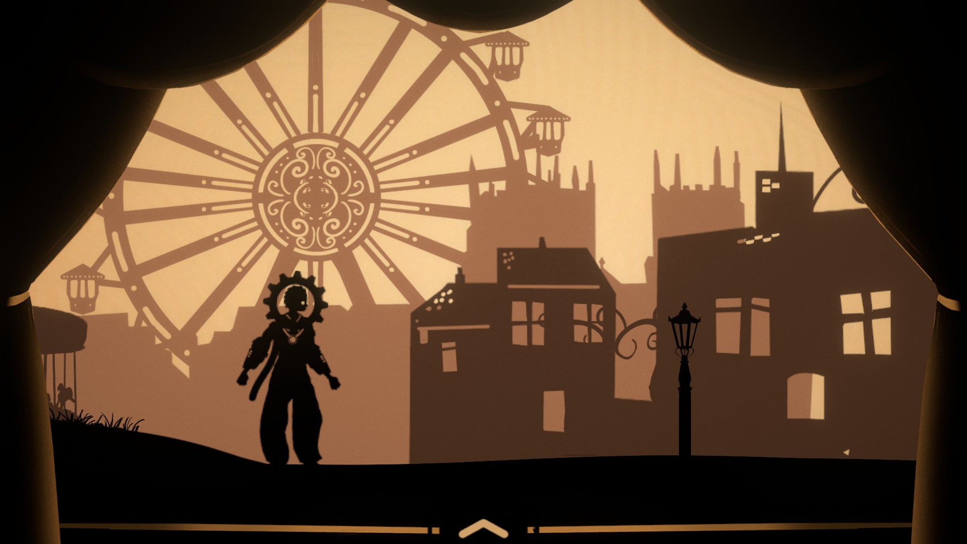 A silhouetted figure standing before a ferris wheel and town skyline