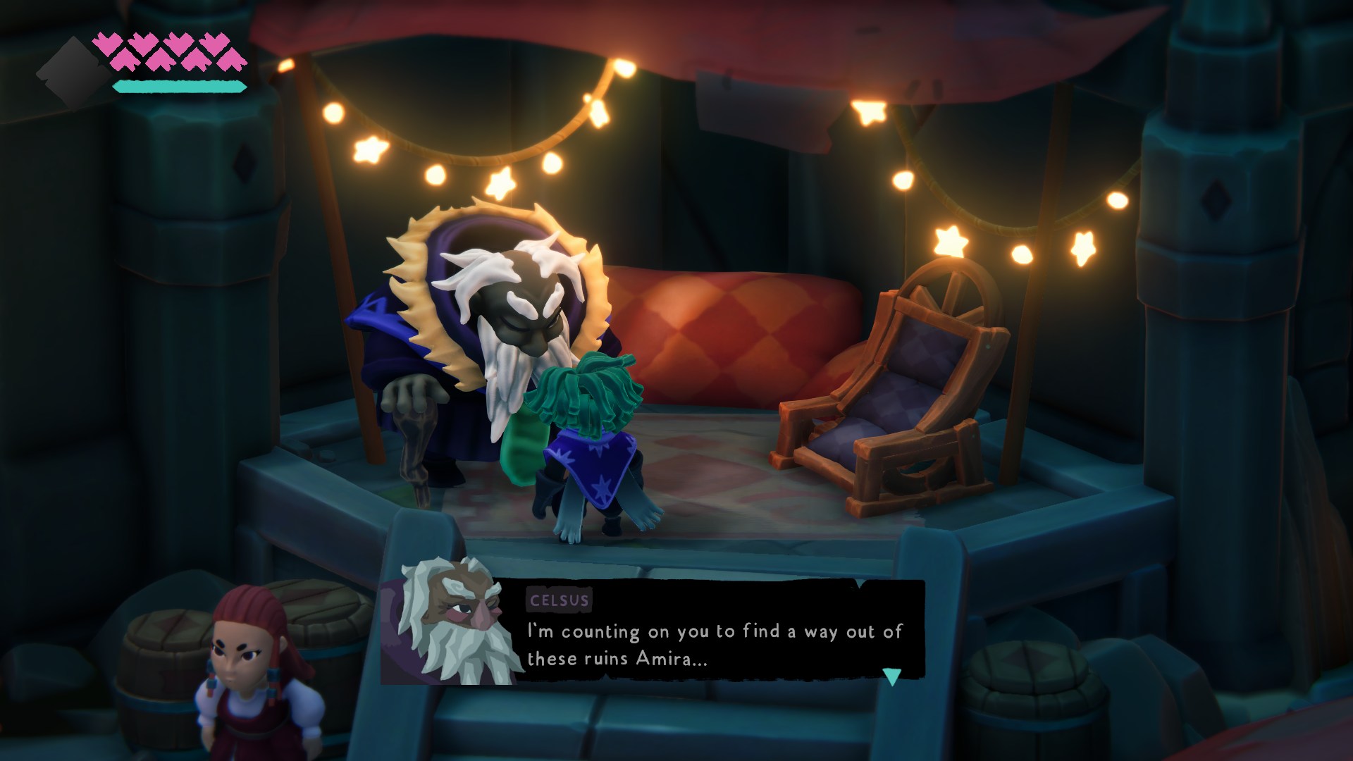 Amira speaking with Celsus in a lantern-lit tent