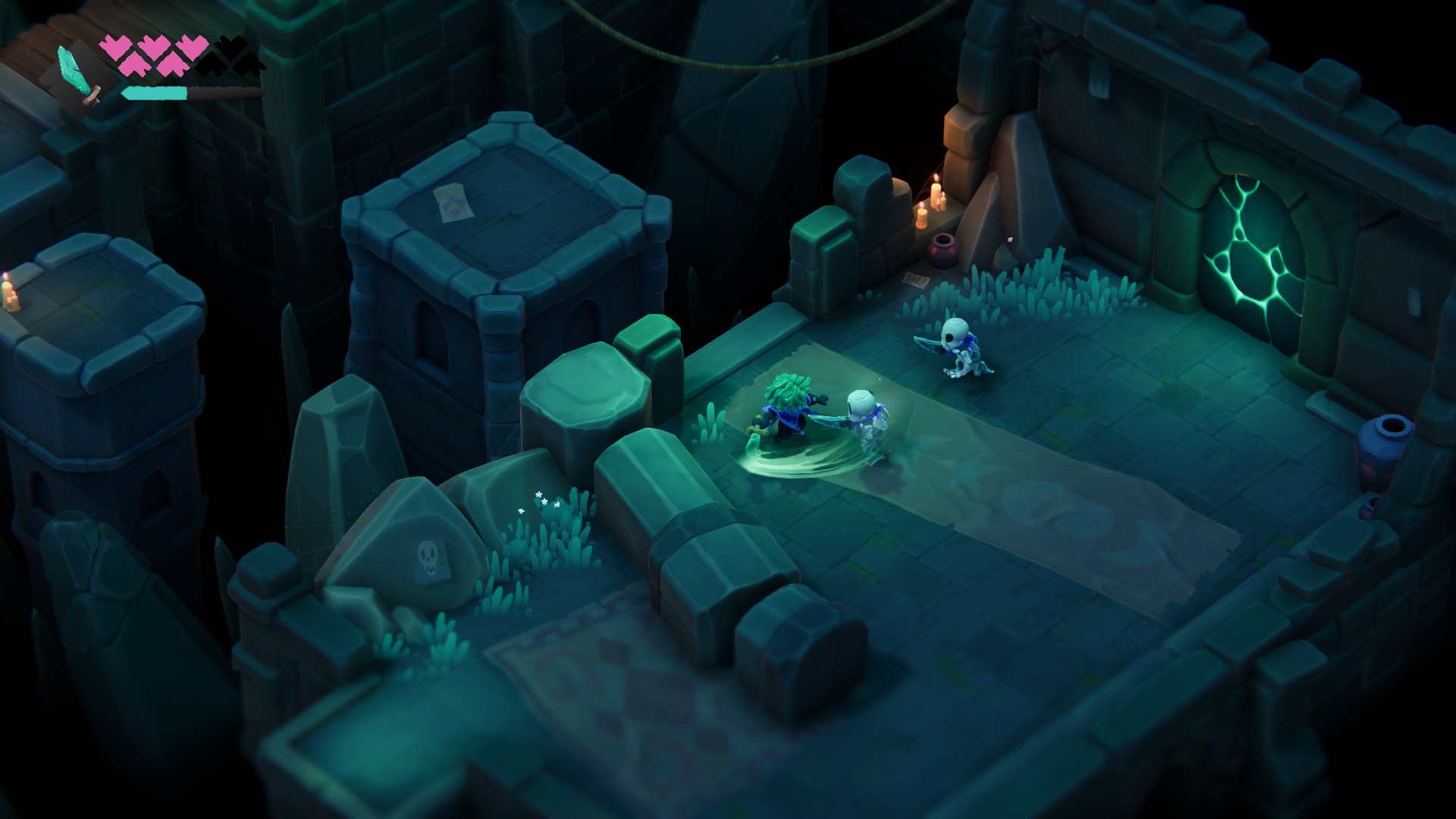 Amira fighting skeleton enemies in a stone ruin