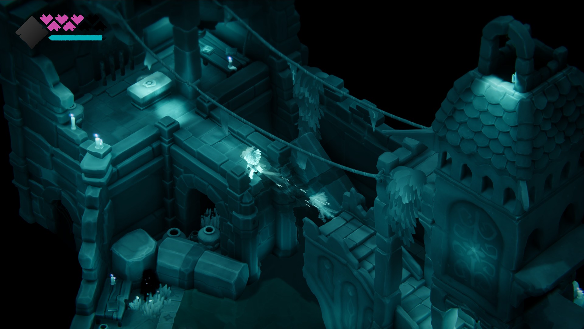 Amira crossing a rope between two ruined towers