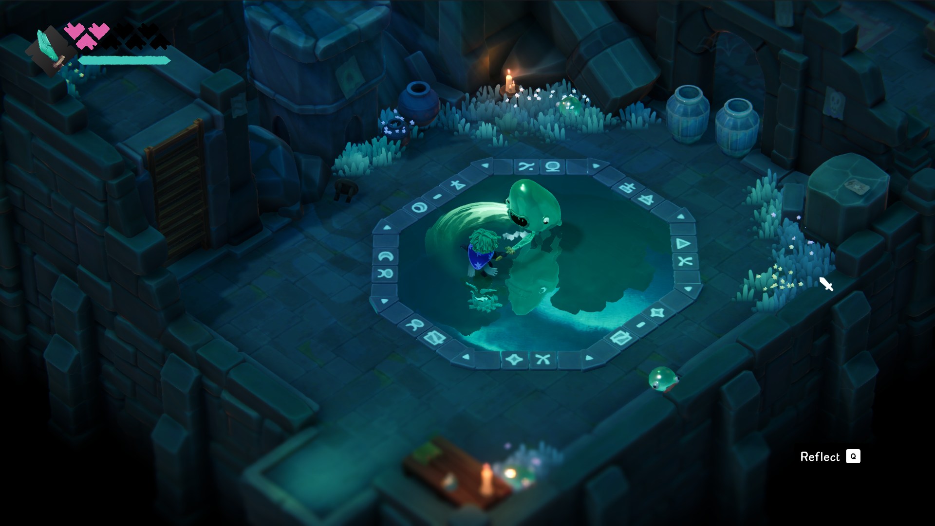 Amira standing in a ritual pool facing her green reflection