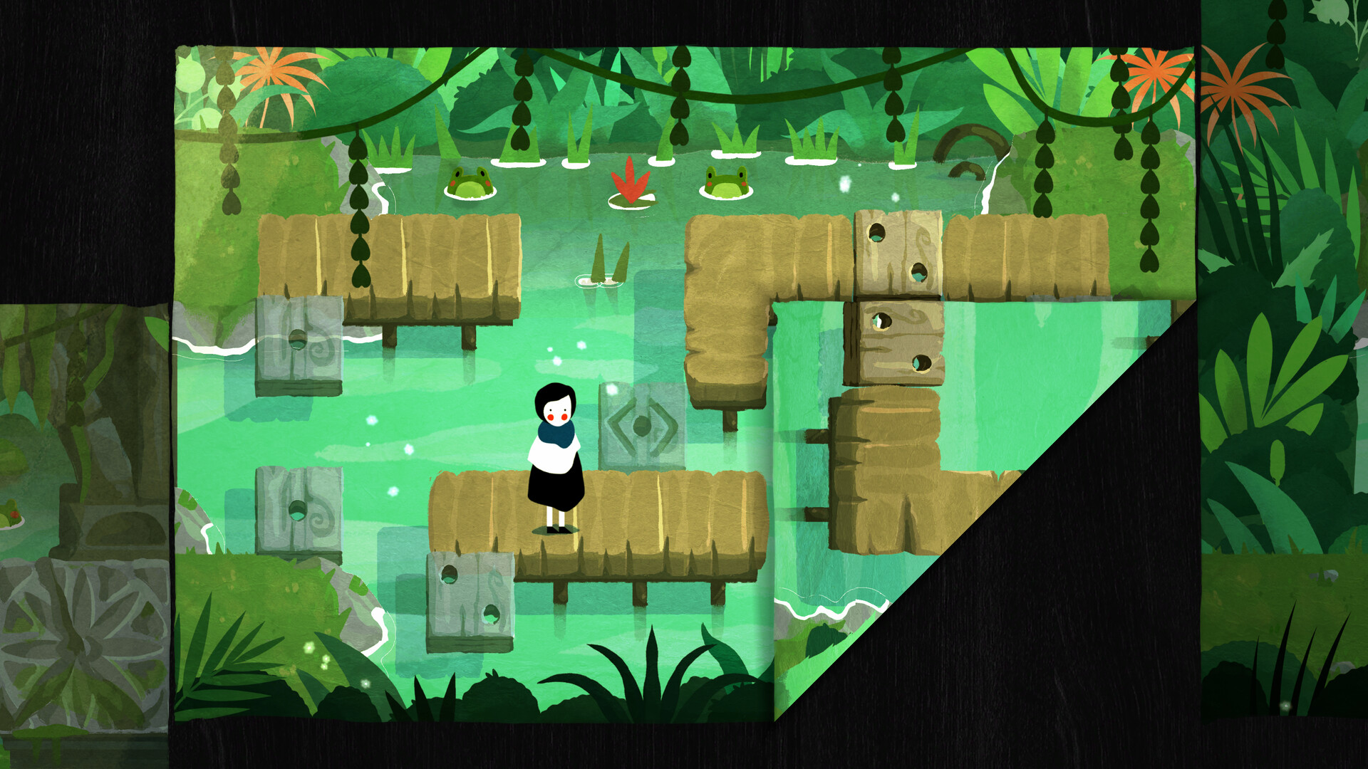 Paige standing on wooden platforms in a jungle swamp as a corner of the paper world folds