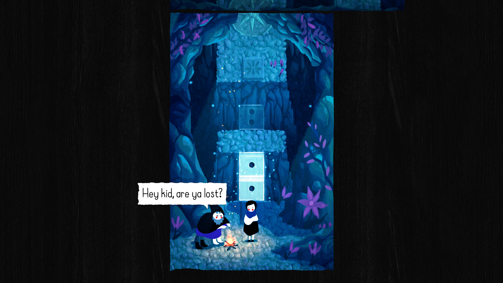 Paige speaking with a traveler by a campfire in a blue cave