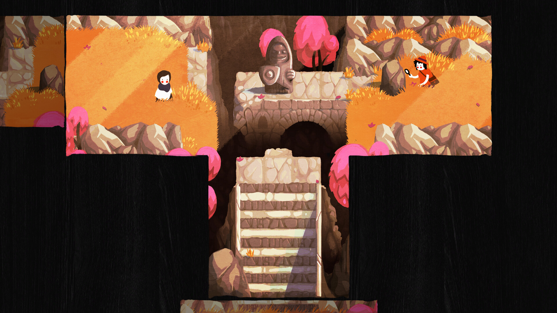 Paige exploring an autumn landscape with a stone statue, a scholar, and a folded paper staircase