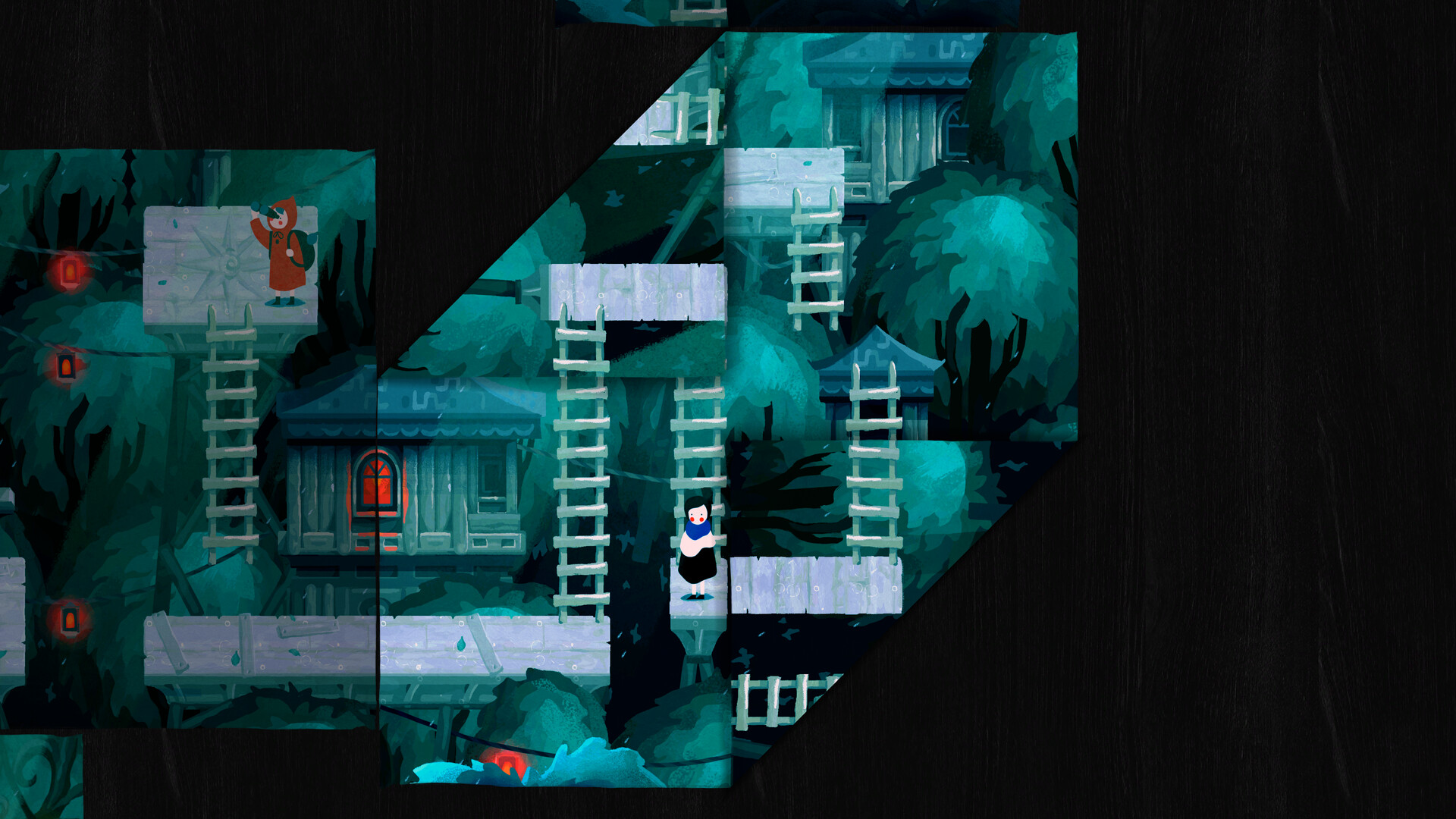 Paige standing on a forest village platform as the paper world folds around treehouses and ladders