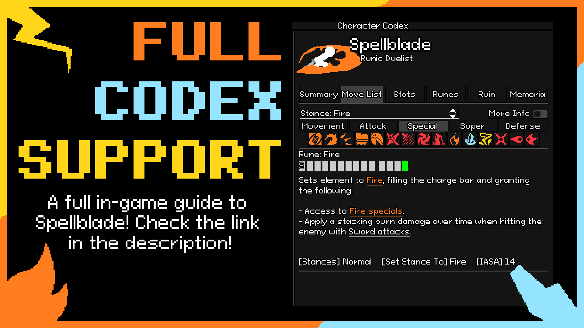 Character Codex showing Spellblade's Fire rune summary and move list