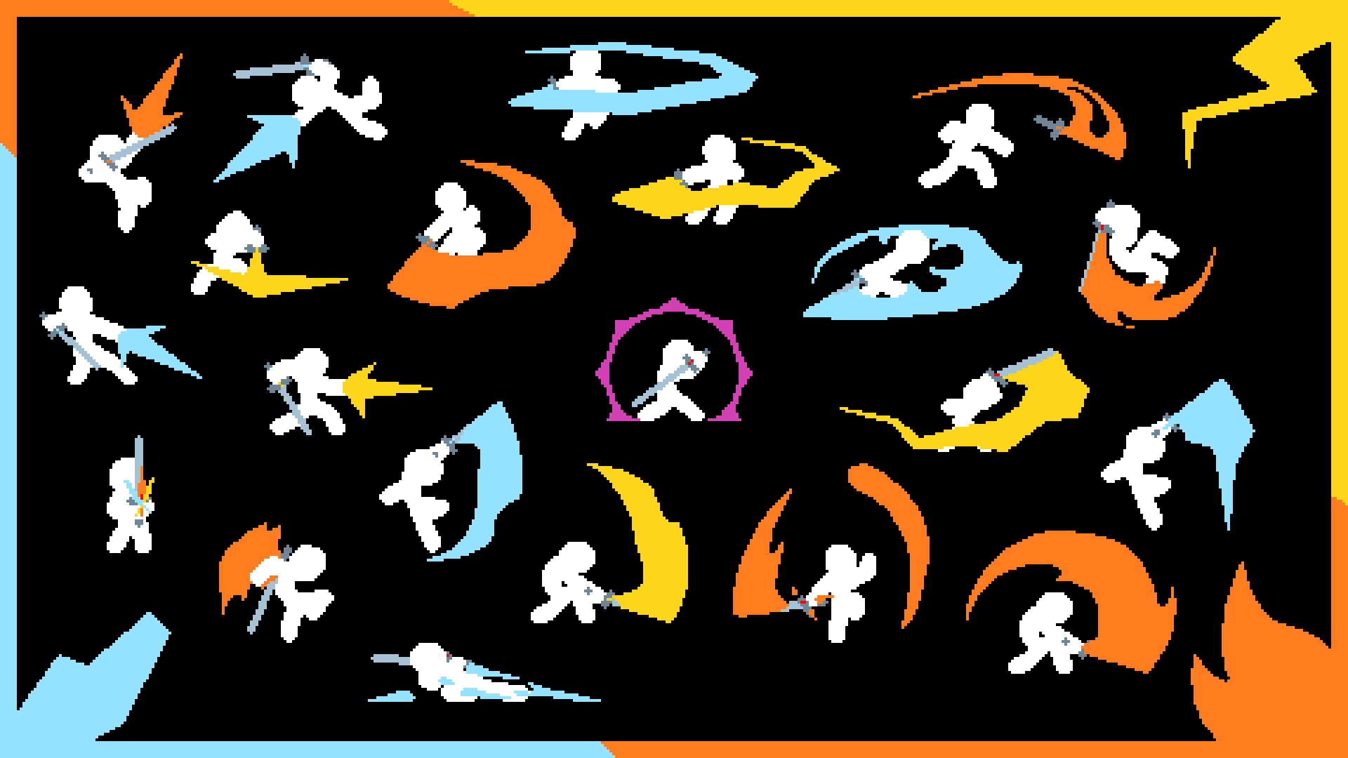 A spread of Spellblade attack poses with fire, ice, and lightning effects